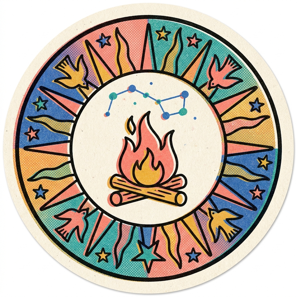 Folk medallion enamel pin — hearth and constellation in a folk border